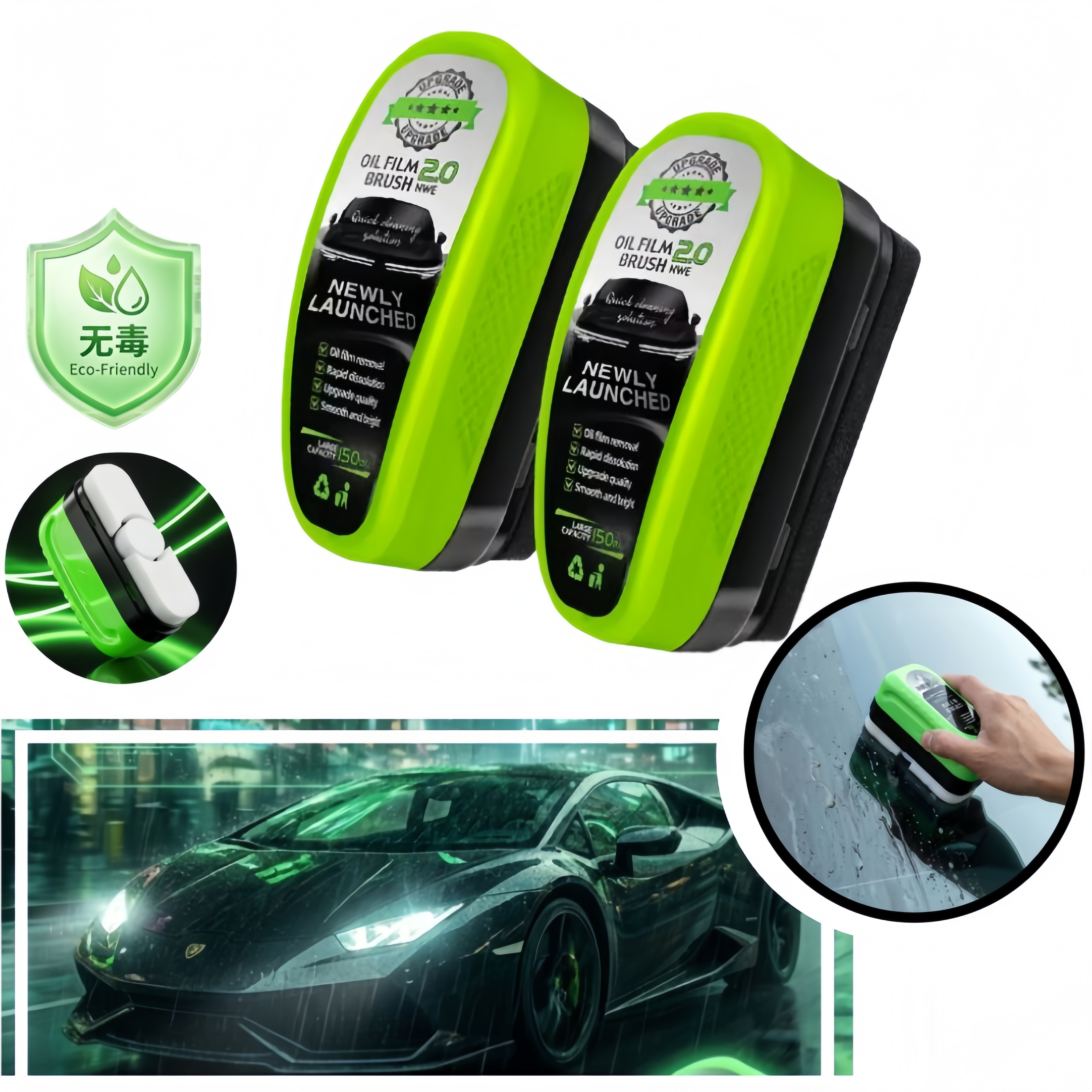Detailing Brush Set - Ungiftiges Auto-Glasölfilm-Entferner-Set, Leistungsstarker Windschutzscheibenreiniger, Schwammbürste zur