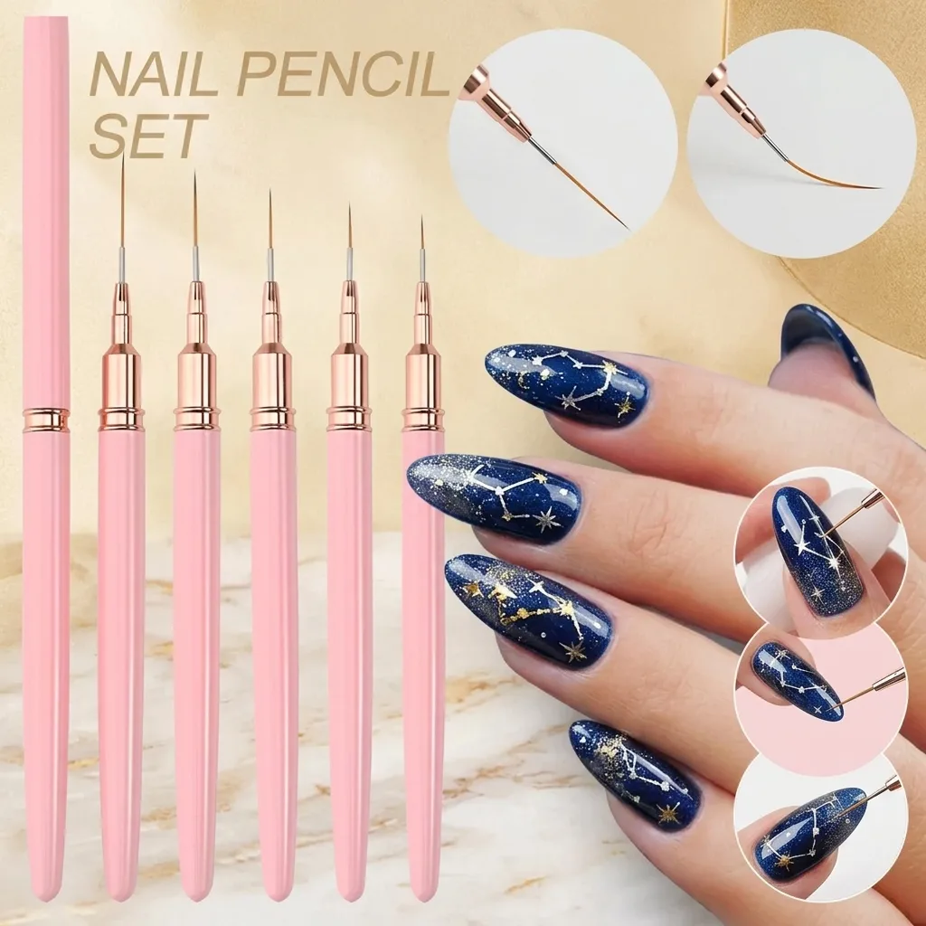 Detailing Brush Set - 5-teiliges Nagel-Liner-Pinsel-Set mit rosa Metallgriff, ultradünne