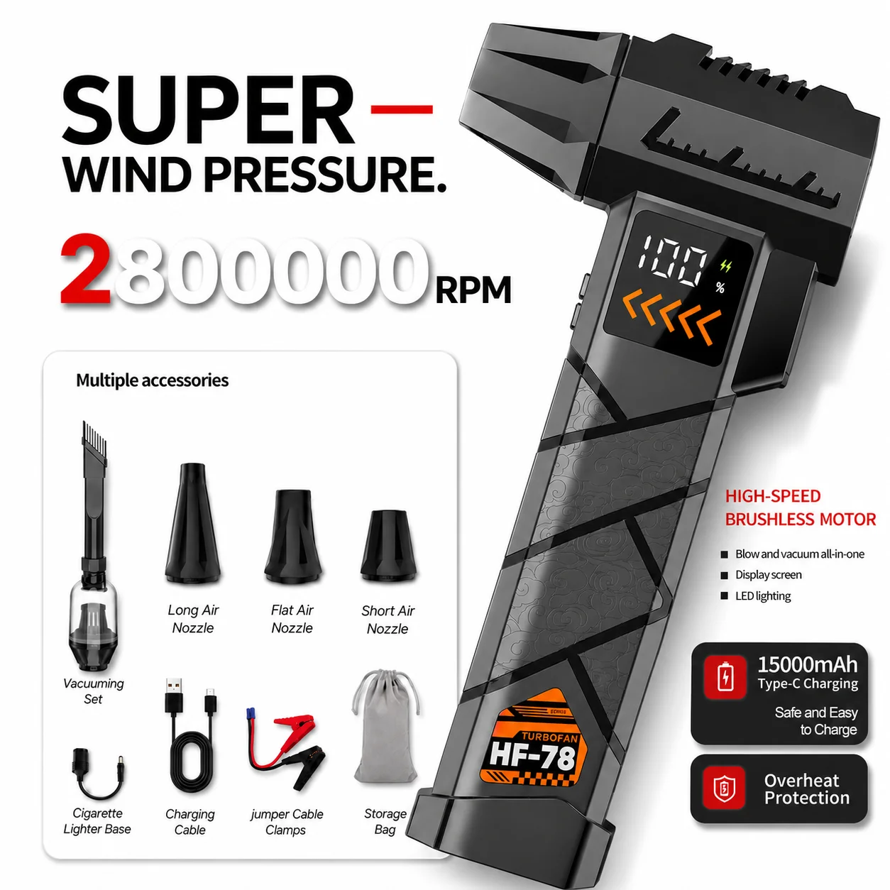 Dryer Car Blower - Superstarker 2800000RPM Elektrischer Jet-Gebläse Kabelloser Druckluft-Staubsauger